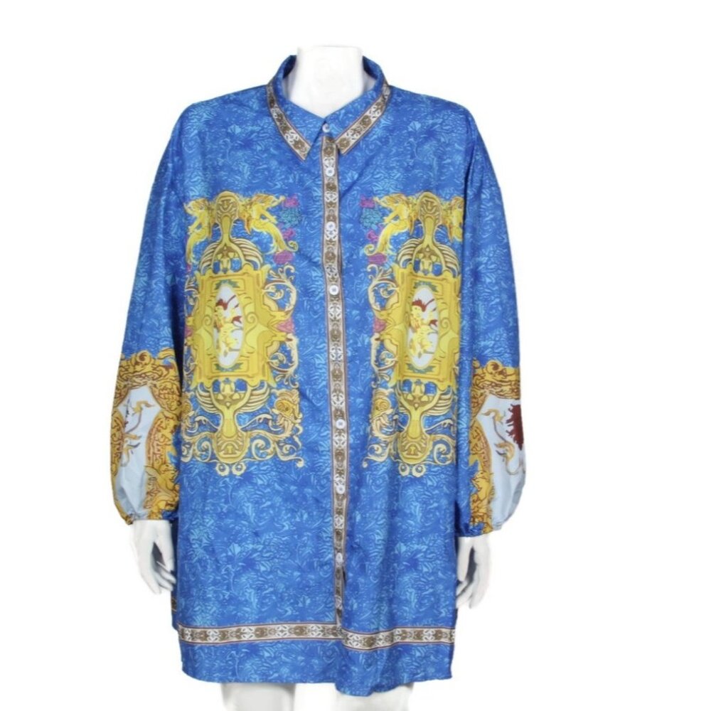 Royal Lion Crest Ren Fair Thrones Blue Gold Balloon Sleeve Blouse Top 2XL /217